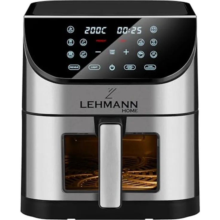 LEHMANN Heißluftfritteuse XXL mit 8L Korb und Sichtfenster, Friteuse ohne Öl, 1800W, bis zu 10 Programmen, Timer und Touch-Display