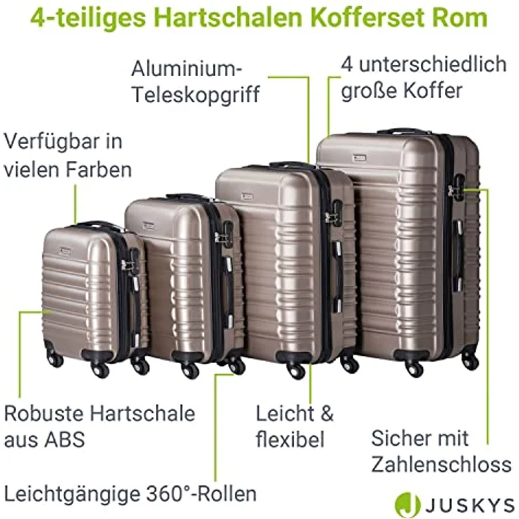 Juskys Hartschale Kofferset Reisekoffer 4 teilig - Zahlenschloss, geräuscharme 360° Rollen groß, Teleskopgriff, leicht - Koffer in Champagner – Bild 3