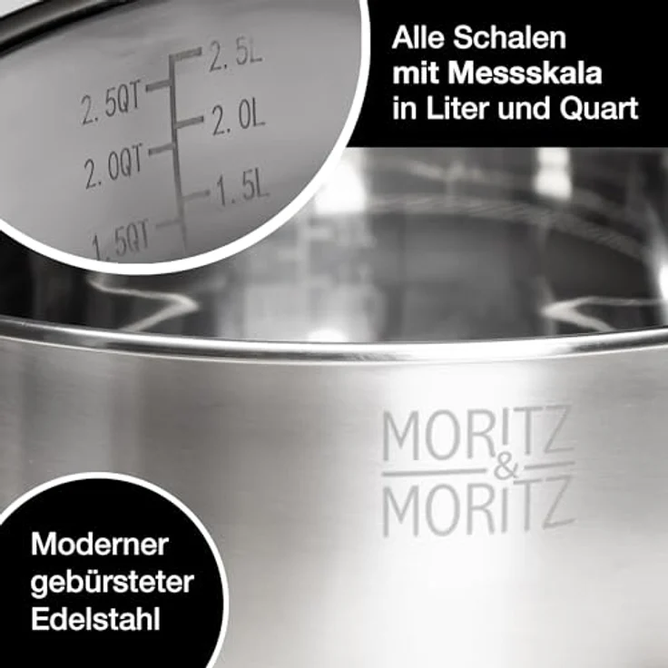 Moritz & Moritz 5er Rührschüssel mit Deckel - 0,6 - 4,5L - Rostfreier Edelstahl mit BPA freien Anti-Rutsch Böden – Salatschüssel mit Deckel groß, stapelbar - Milliliter und Quart Messskalen - inklusive Reibeinsätze – Bild 4