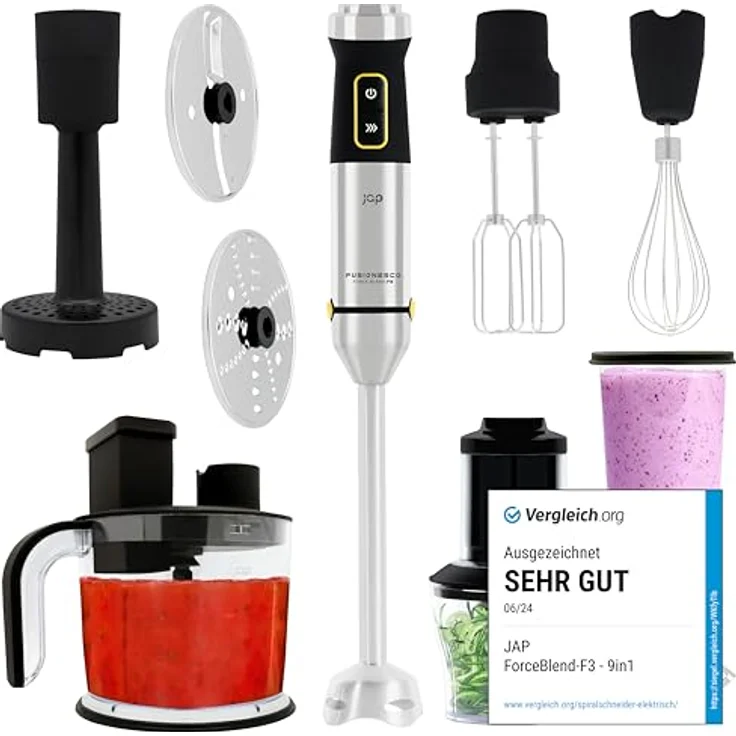 JAP ForceBlend Stabmixer Set F3-1500W - Spiralschneider - Kartoffelpresse - XL-Mixfuß - Edelstahl – Bild 1