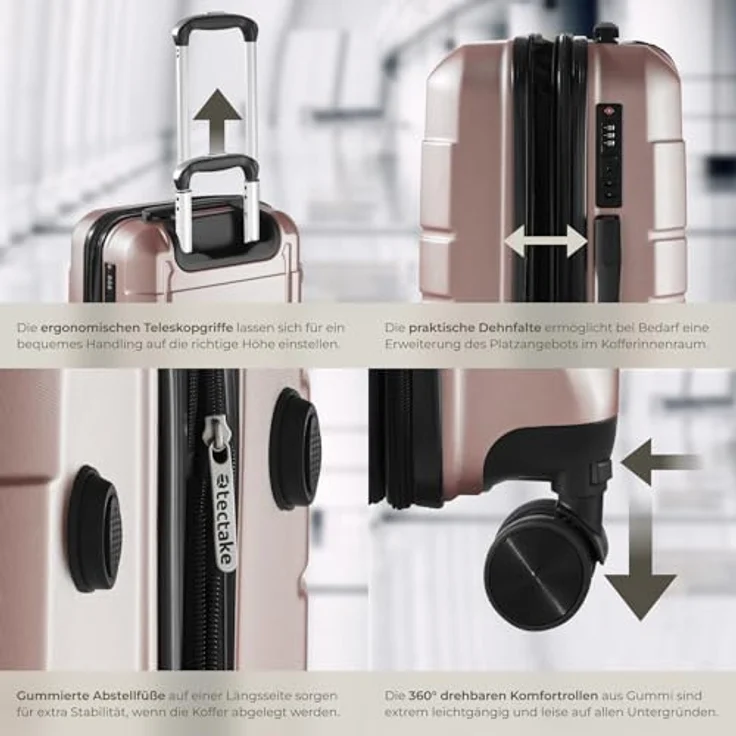 tectake® Kofferset 3 teilig, Koffer & Trolleys, Hartschalenkoffer mit TSA Schloss, Rollkoffer - roségold – Bild 3