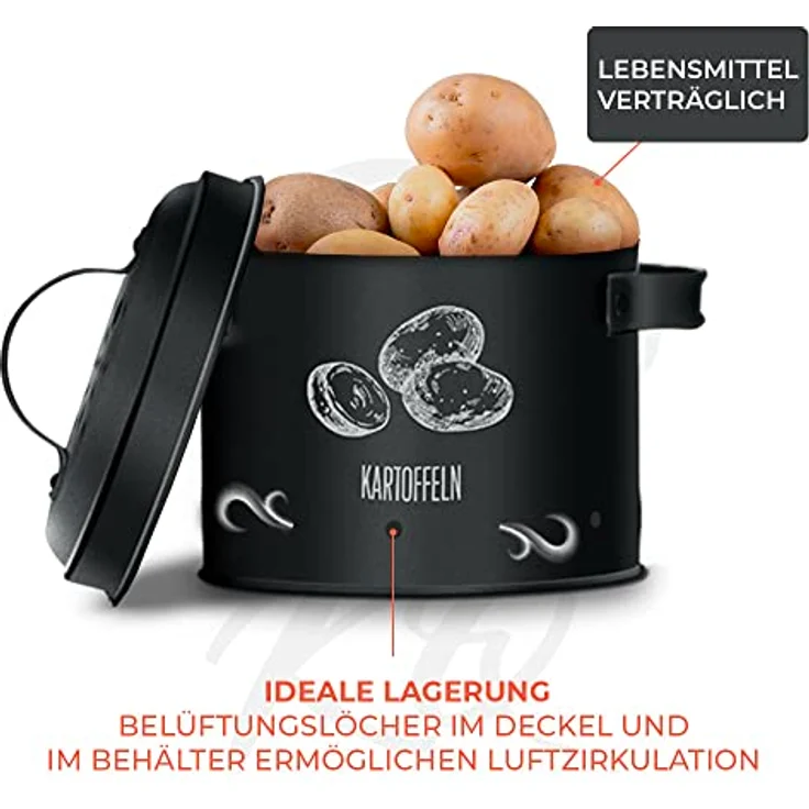 KitchenQuality Kartoffelaufbewahrungsbox 3er-Set mit luftdichten Behältern für Knoblauch, Zwiebeln & Kartoffeln, verzinktes Metall, inkl. Sparschäler & Jutebeutel – Bild 4