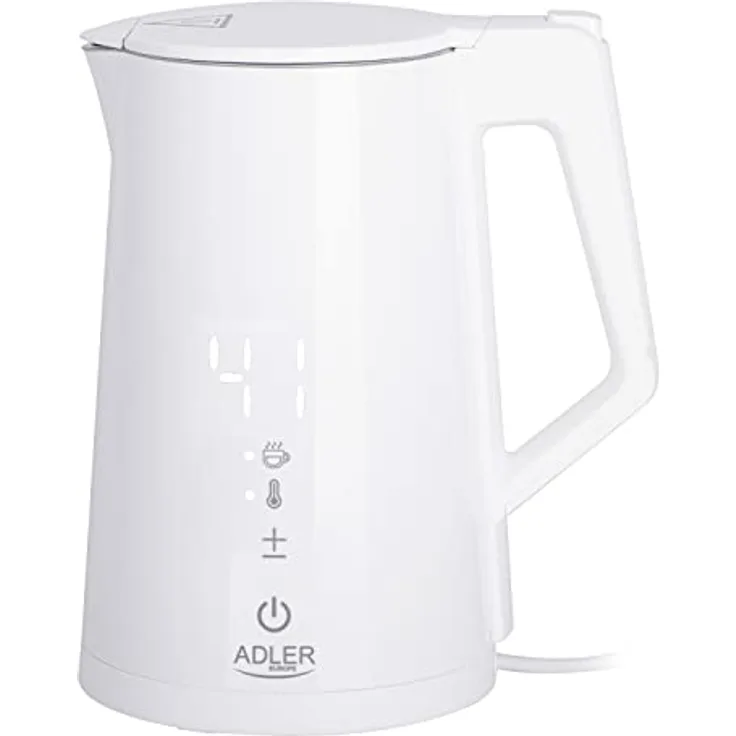 JUNG ADLER AD1345W Wasserkocher mit Temperatureinstellung (40-100°C) weiß, LED Touch Dispaly Digital, 2200W, Edelstahl Kocher, 1,7 Liter 360° Basis, Doppelwandiges Cool Touch Gehäuse