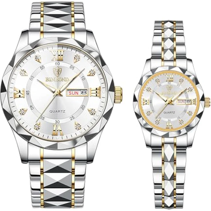 JewelryWe Paar Uhren Leuchtende Partneruhr, 2er Set 30m wasserdicht, Analog Quarz mit römischen Ziffern und Diamantskala, Edelstahl Armband in Gold/Silber – Bild 1