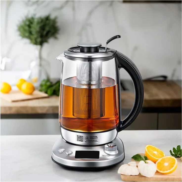 FOHERE Wasserkocher aus Glas und Edelstahl, 1,7 l, 2200 W mit Temperaturregler (40 °C – 100 °C), zwei Stunden Warmhaltefunktion