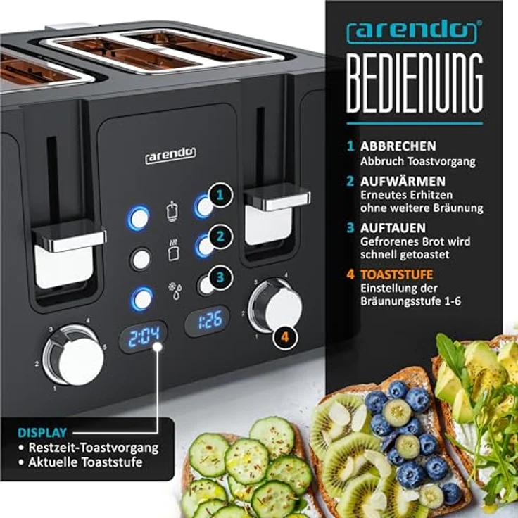 Arendo 4-Scheiben-Toaster Edelstahl, Display, 6 Bräunungsstufen, schwarz, herausnehmbare Krümelschublade – Bild 3