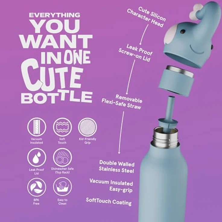 ASOBU Bestie Kindertrinkflasche mit Elefantenkopf, isolierte Edelstahlflasche 420ml, auslaufsicher & BPA-frei, Spülmaschinenfest – Bild 3