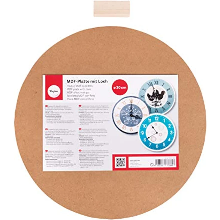 Rayher 62423000 MDF Platte mit Loch 30 cm ø, Uhrenplatte, runde Holzplatte für Wanduhr, mit Loch 1,1 cm ø, mit Abstandshaltern, Uhr basteln – Bild 1