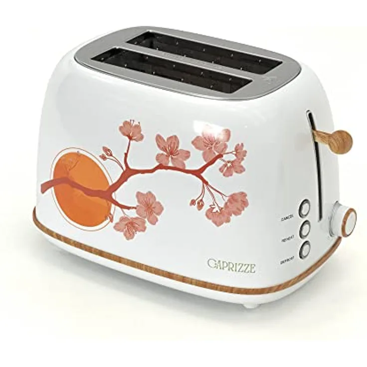 Caprizze Kaito Toaster, extra breiter Doppelschlitz 3,8 cm / 13,5 cm, 6 Toaststufen, Blumendekor und Holzeffekt, mattweiß