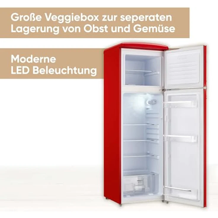 SEVERIN RKG 8983, Retro Kühl- & Gefrierkombination mit 246 L, 1-7°C, Gefrierfach oben, LED-Beleuchtung, rot, nur 39 dB – Bild 3
