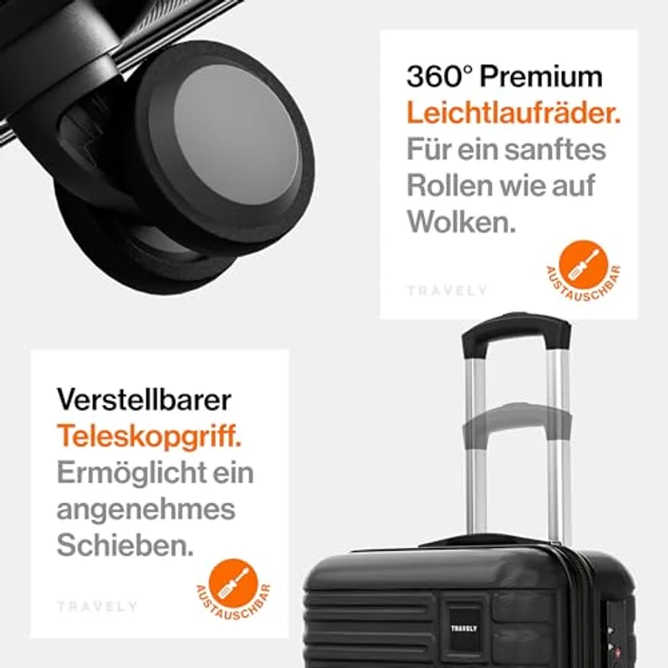Travely Premium Handgepäck Koffer 55x40x20cm - 4 Rollen, Hartschalenkonstruktion, TSA-Zahlenschloss, 36-Liter Volumen – Bild 5