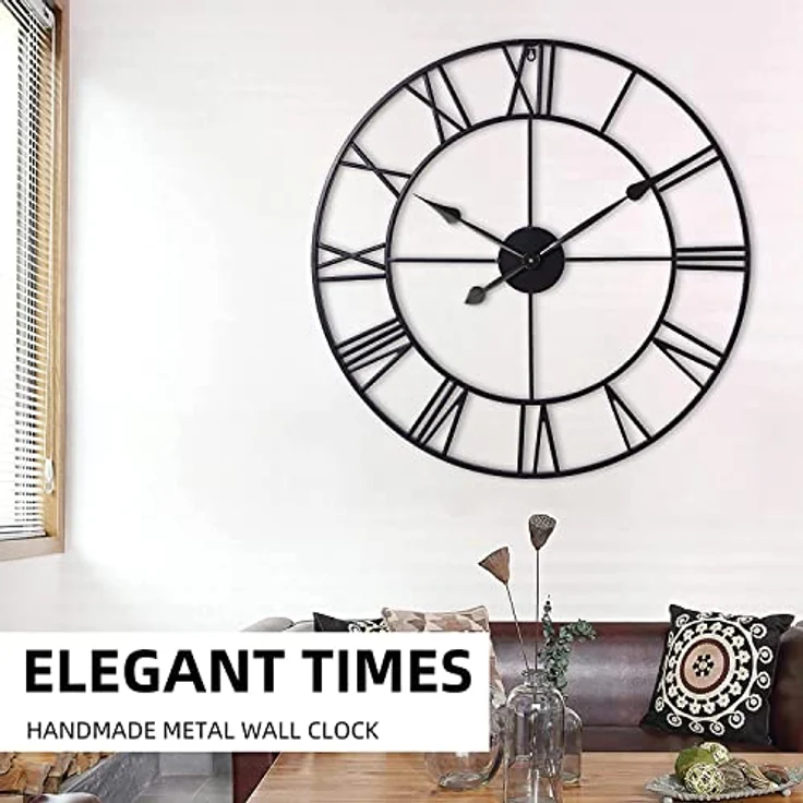 Samilito Große Wanduhr im Vintage-Stil, rund, geräuschlos, schwarz. Gratis dazu EIN Extraset Uhrzeiger in Gold. Die Metalluhr für Loft, Wohnzimmer, Schlafzimmer und Küchendekoration (Schwarz). (76cm) – Bild 2