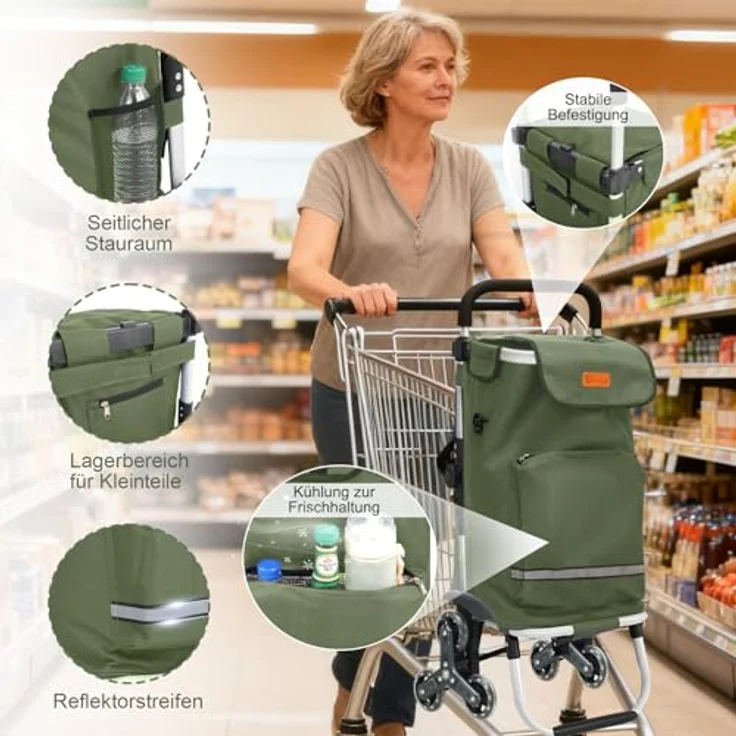 Sekey Einkaufstrolley Klappbarer Einkaufswagen 3-in-1 mit Kühlfach, Treppensteiger, 42 l, Dunkelgrün, inkl. Einkaufschip und Spanngurt – Bild 4