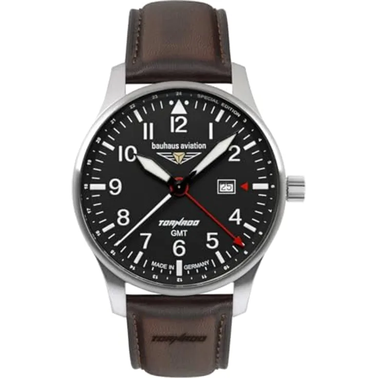 Bauhaus Aviation 2744-2 Tornado, Herrenuhr mit Schweizer Quarzwerk, Edelstahlgehäuse silber, schwarzes Zifferblatt, braunes Lederband, 5 ATM wasserdicht