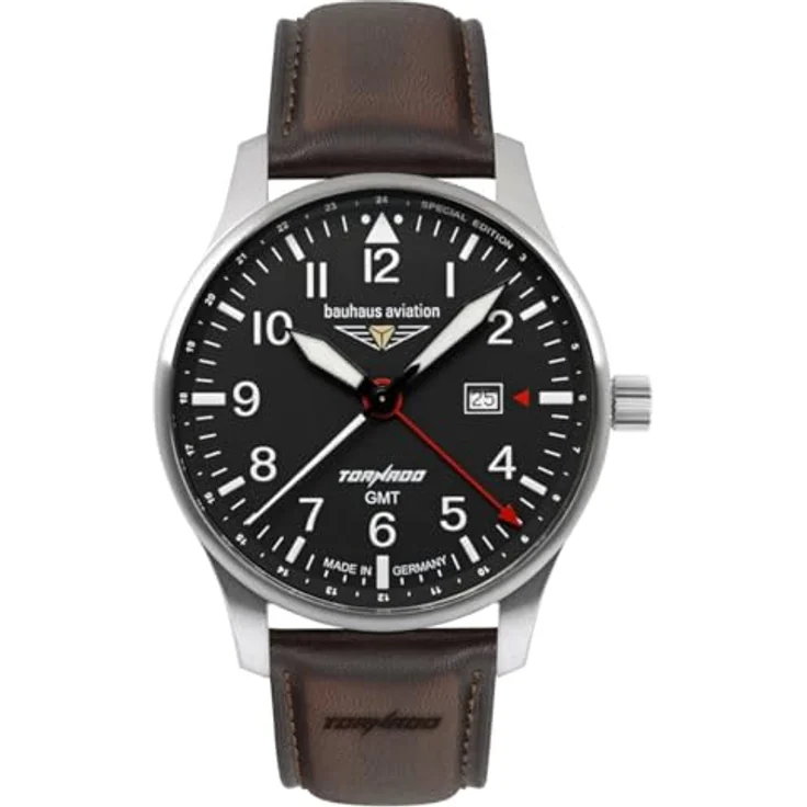 Bauhaus Aviation 2744-2 Tornado, Herrenuhr mit Schweizer Quarzwerk, Edelstahlgehäuse silber, schwarzes Zifferblatt, braunes Lederband, 5 ATM wasserdicht – Bild 1