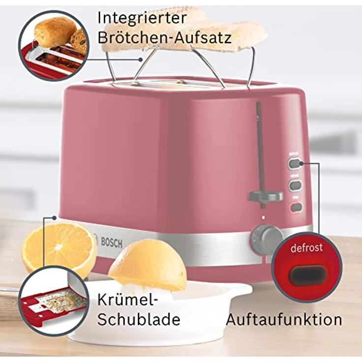 Bosch Kompakt Toaster TAT6A514, integrierter Edelstahl-Brötchenaufsatz, mit Abschaltautomatik, mit Auftaufunktion, perfekt für 2 Scheiben Toast, Liftfunktion, Brotzentrierung, 800 W, Edelstahl/rot – Bild 2