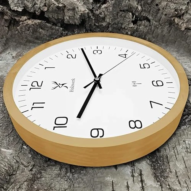 Holzwerk Germany Natur Holz Funkwanduhr Vintage Braun Weiß 30 cm (Buche.Funkwerk) - Lautlose Funkuhr aus handgefertigtem Massivholz – Bild 2
