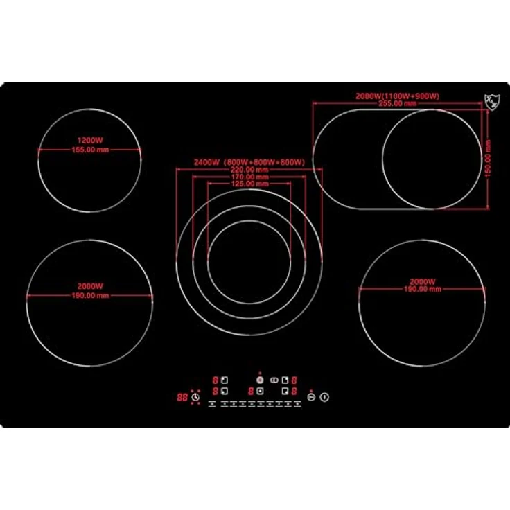 K&H Glaskeramikkochfeld NC-9608F, 5 Zonen, autark, 77 cm, 9600W, Touch-Control, 9 Leistungsstufen – Bild 2