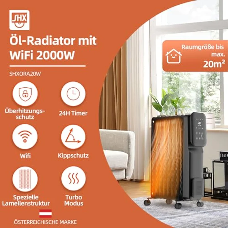 SHX SHXORA20W Öl-Radiator mit Wifi Steuerung 2000 Watt, weiß - Heizgerät mit 3 Heizstufen und Boost-Funktion – Bild 2