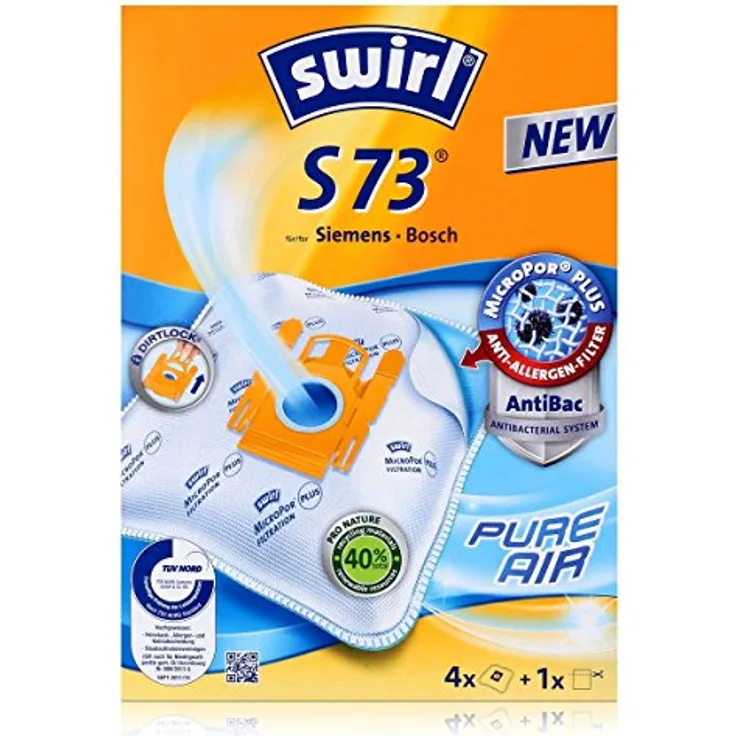 Swirl S73 Airspace, Staubsaugerbeutel 4 Stück mit MicroPor® Plus Anti-Allergen-Filter, ressourcenschonend und zu 100% in Deutschland gefertigt