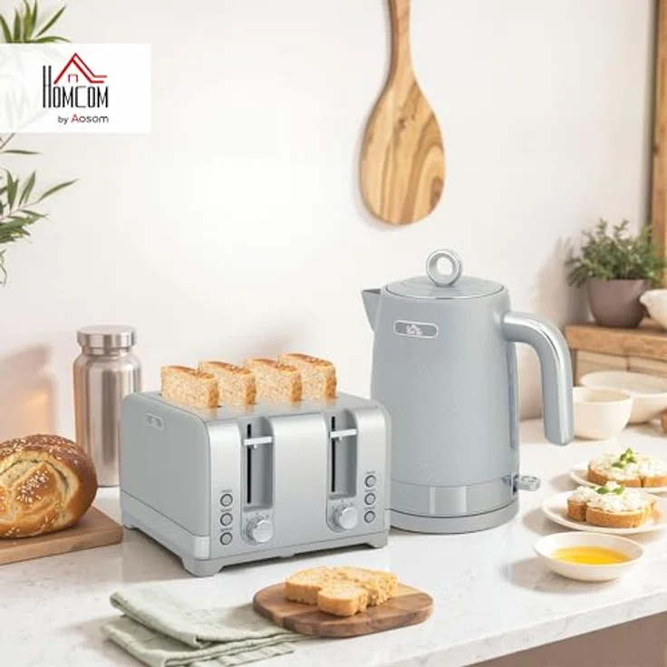 HOMCOM Wasserkocher Toaster Set, 1,7L Wasserkocher 2200W und 4-Scheiben Toaster in Mattgrau mit polierten Akzenten – Bild 3