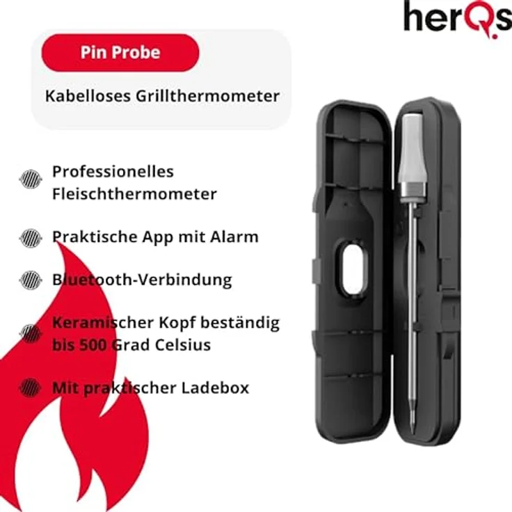 HerQs Pin Probe - Grillthermometer - Kabelloses Fleischthermometer - Kerntemperaturmesser - bis zu 500°C - 100m Bluetooth - Meater - Für Grill, Ofen, Pfanne, Heißluftfritteuse und Sous-Vide – Bild 2