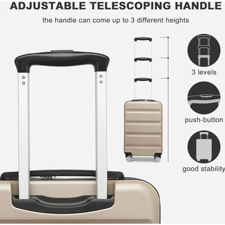 KONO Kabinenkoffer Trolley mit TSA-Schloss, 55x35x22cm, 37L, leichte Hartschale, Gold, doppelte Spinnrollen – Bild 4