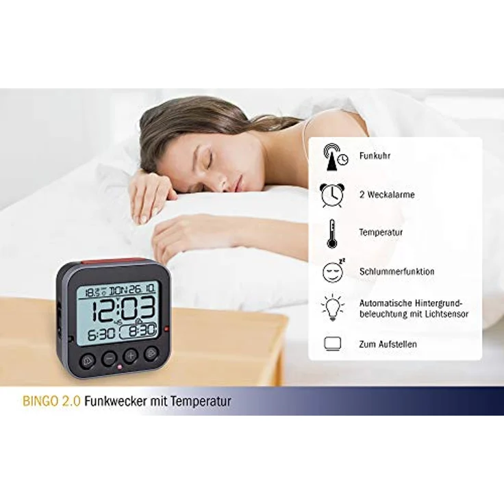 TFA Dostmann Bingo 2.0 digitaler Funk-Wecker mit Temperaturanzeige, Kunststoff, schwarz, (L) 95 x (B) 41 x (H) 96 mm – Bild 2