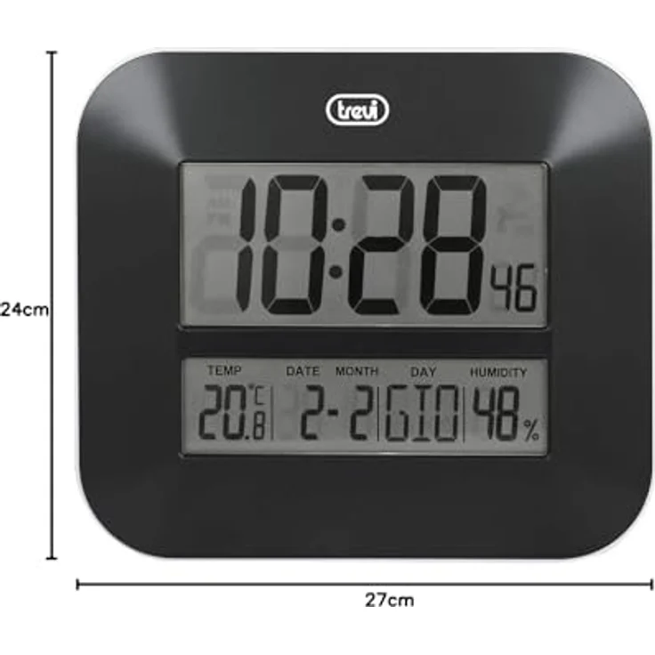 Trevi OM 3520 D, Digitale Wanduhr mit LCD-Display, Kalender, Temperatur- und Luftfeuchtigkeitsanzeige, Schwarz, 27 x 23,5 x 3 cm – Bild 3