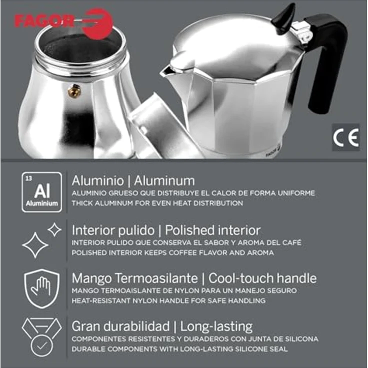 Fagor Cupy, Italienische Kaffeemaschine aus Aluminium, 12 Tassen, für alle Herdarten geeignet, thermoisolierender Nylongriff, langlebige Silikondichtung – Bild 3