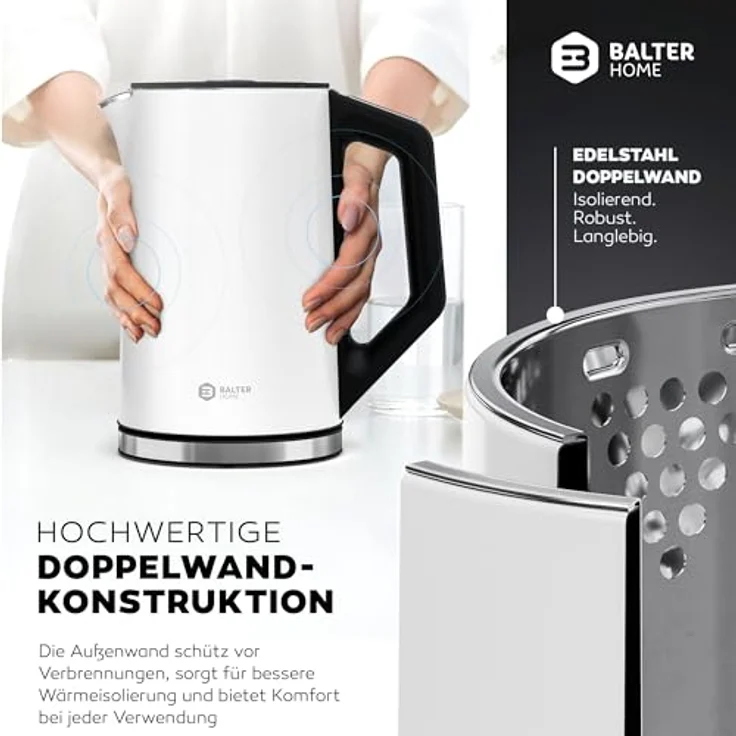 Balter WK-12 Edelstahl Wasserkocher mit Temperatureinstellung 40°C-100°C, doppelwandig, BPA-frei, leise, kabellos, 1.5L, 2200W, Weiß – Bild 3