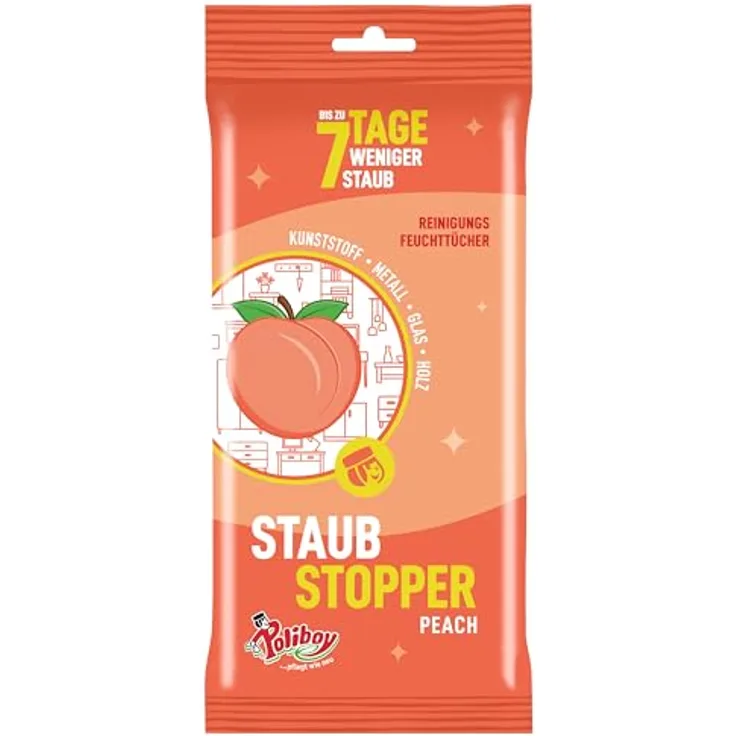 POLIBOY Staubstopper Peach Feuchttücher, Antistatik-Allzwecktücher mit Pfirsichduft, 24 Tücher, Made in Germany