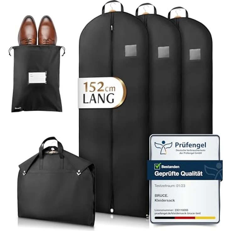 Bruce.® 3x Kleidersack Lang 152x60 cm mit Schuhbeutel – Atmungsaktive Kleiderhülle, 120 GSM, Schwarz für Mantel, Kleid & Kostüm – Schutz vor Staub & Motten – Bild 1