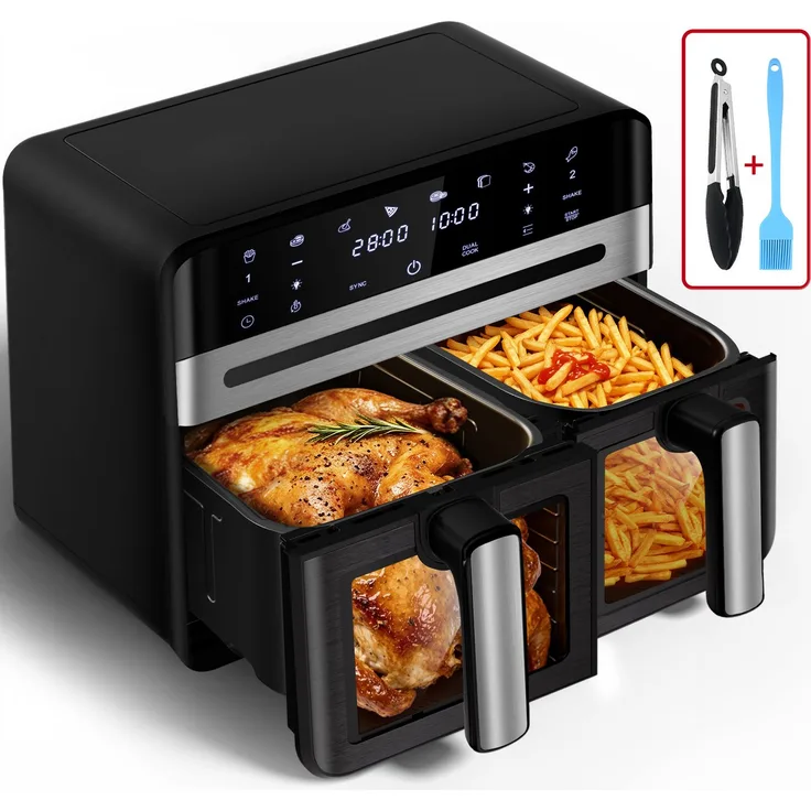 Fukstern Heißluftfritteuse 11L, 2 Kammern mit Touchdisplay, 8 Programme, Antihaft-Metallkörbe, inkl. Grillzange, 2400 W