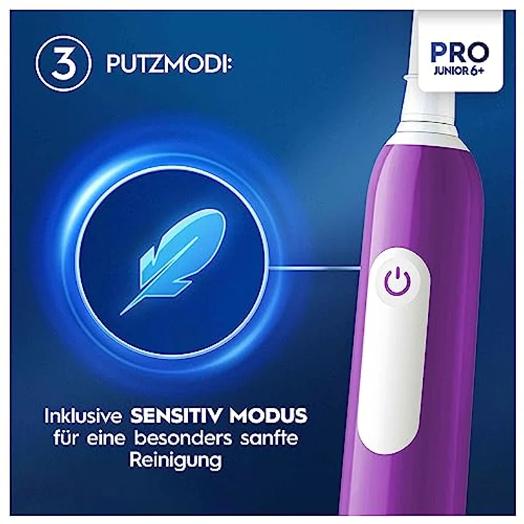 Oral-B Pro Junior Elektrische Zahnbürste/Electric Toothbrush für Kinder ab 6 Jahren (Drucksensor, 3 Putzmodi inkl. Sensitiv für Zahnpflege, weiche Borsten & Timer, Designed by Braun, lila) – Bild 5