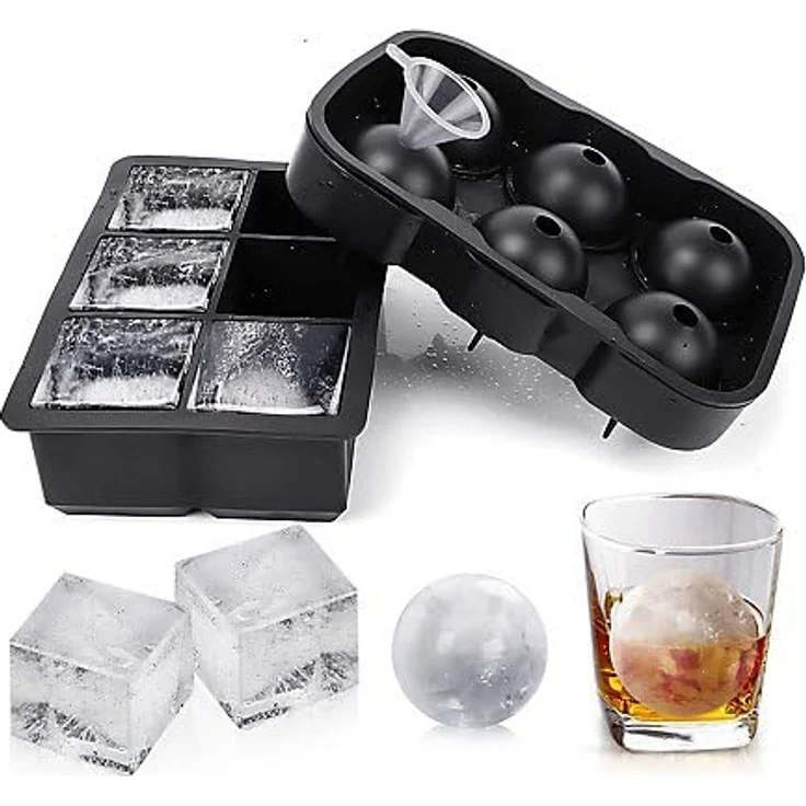 Maskworld 6 Riesen Quader & 6 Kugel Eiswürfel Silikonformen, BPA-frei für Eiswürfel und Backen, hitzebeständig -30 bis +230 °C, spülmaschinengeeignet, 2 Formen – Bild 1