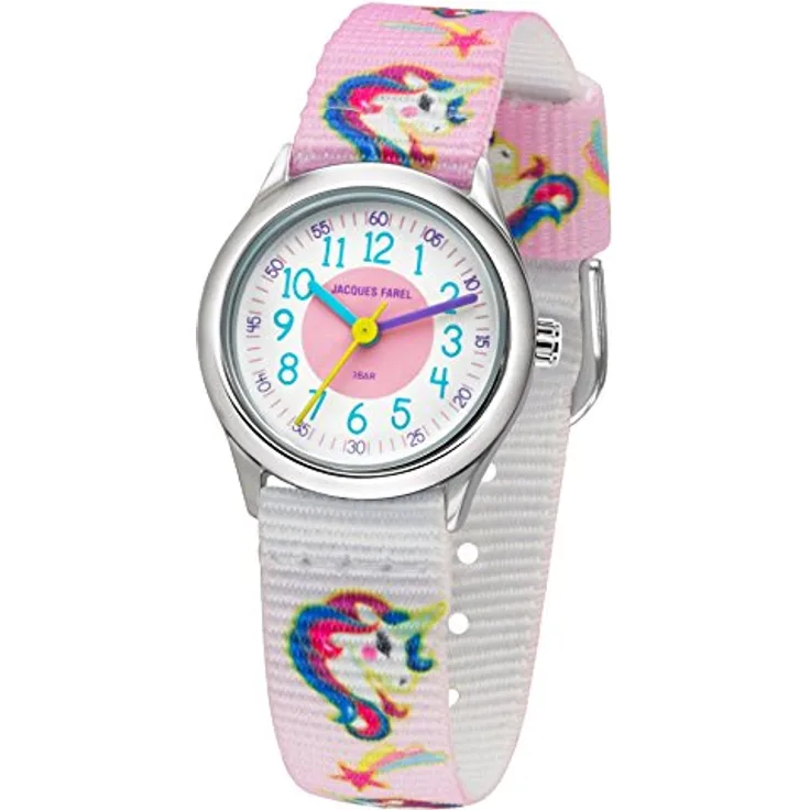 JACQUES FAREL Kinder-Armbanduhr Mädchen Einhorn Analog Quarz Metall Textilband HCC 042, Regenbogenfarben