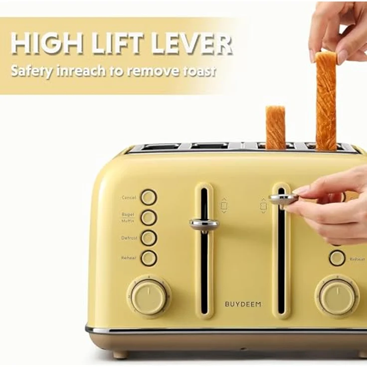 BUYDEEM 4-Slice Retro Toaster, Edelstahl mit extra breiten Schlitzen, Hochhebel für einfaches Entnehmen, Bagel- und Muffinfunktion, herausnehmbarer Krümelschublade, 7 Toaststufen - Mellow Yellow – Bild 3