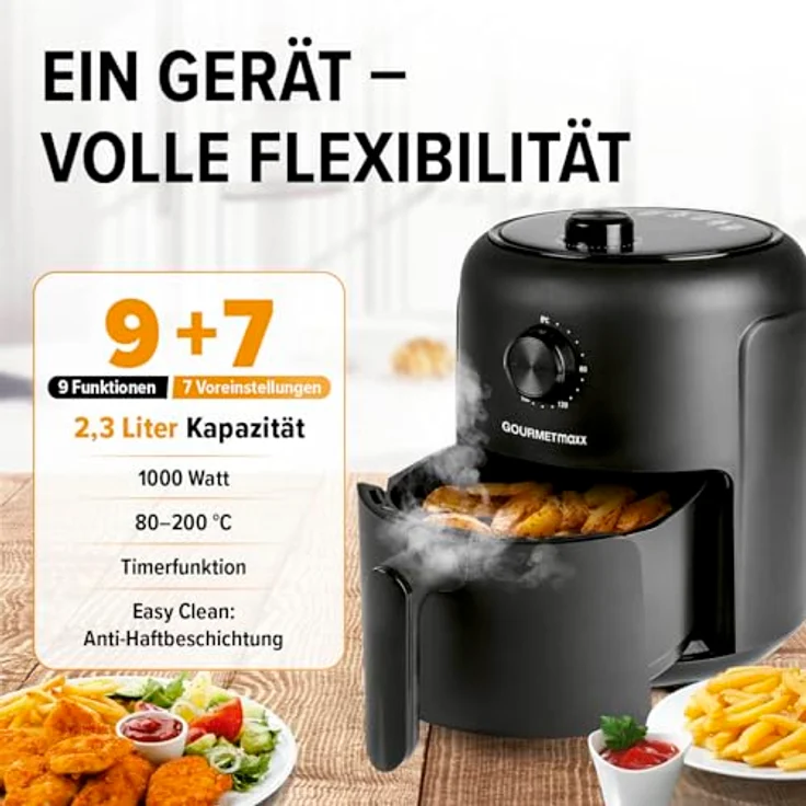 GOURMETmaxx Heißluftfritteuse | 2,3L Airfryer mit Timer, Touchscreen | Energiesparend frittieren, nahezu ohne Öl | Minibackofen - 1000 W – Bild 2
