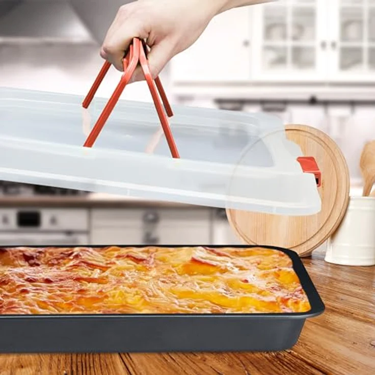 relaxdays Backblech mit Deckel, 3-in-1 Kuchenform aus Carbon-Stahl, rot, antihaftbeschichtet, mit Tragegriffen und Verschlussclips – Bild 2