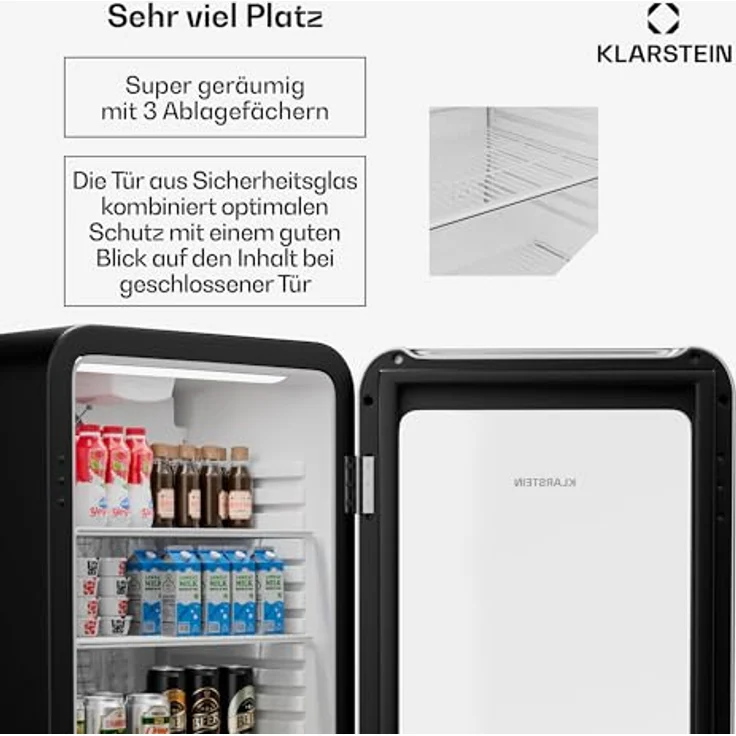 Klarstein Audrey Evo Getränkekühlschrank, 93 Liter, retro Design, energieeffizient, 82.5 cm hoch, 49.5 cm breit, mit Glastür und LED-Beleuchtung – Bild 5