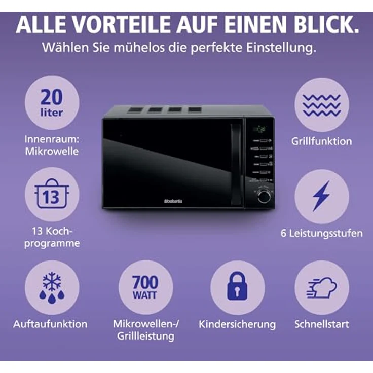 Brabantia BBEK1145DG Mikrowelle mit Grillfunktion, 20 Liter, 700 W, 13 automatische Programme, digitaler Timer, schwarz – Bild 2