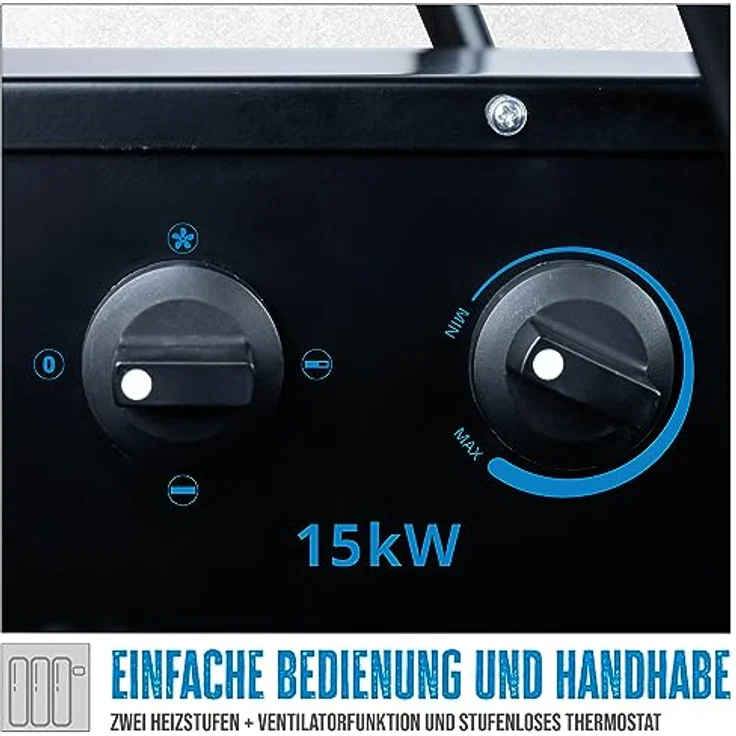 Güde Elektroheizgebläse GEH 15 (400 V, 15000 W Heizleistung, 2 Heizstufen (7500/15000 W) + Ventilatorfunktion, 300 m³/h max. Raumheizvermögen, stufenloses Thermostat, Überhitzungsschutz, Fahrgriff) – Bild 4
