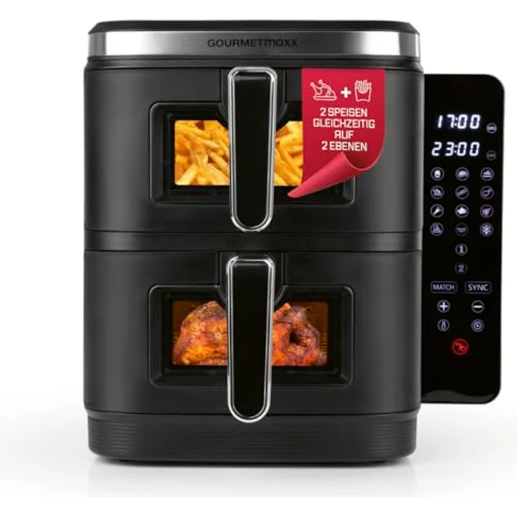 GOURMETmaxx FryUp Vertikale Doppelkammer Heißluftfritteuse XXL, 10 L, mit Sichtfenstern, Klapp-Touchdisplay und 12 Programmen für knusprige Zubereitung – Bild 1