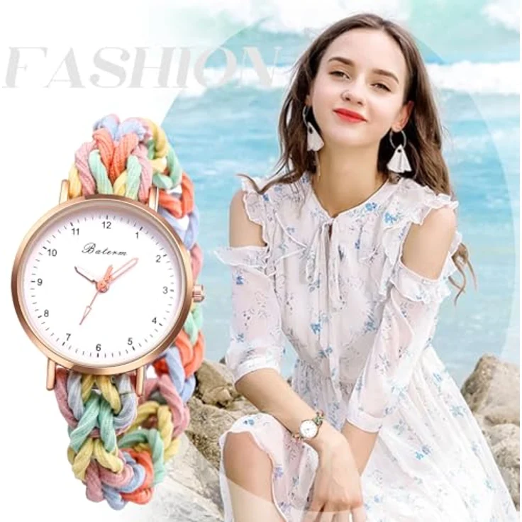 JewelryWe Damenuhr, Elastisches Haarband Uhr mit Bunt Geflochtenem Stretch Wickelarmband, Analog Quarz, Multifunktionale Casual Uhr für Frauen und Mädchen – Bild 3