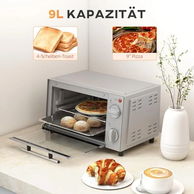 HOMCOM Minibackofen 9L Mini Ofen mit Backblech, Grillrost, einstellbarer Temperatur und Timer, 750W, Edelstahl, Silber – Bild 3