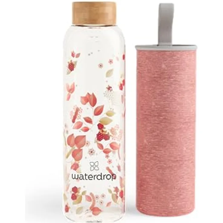 Waterdrop® Edition Glass Bottle 600ml Trinkflasche Glas auslaufsicher, Kohlensäure geeignet | BPA freie Wasserflasche inkl. Neoprenhülle | Spülmaschinenfeste, Leichte Borosilikat Glasflasche