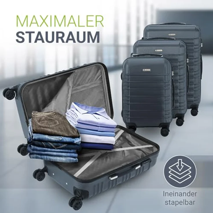 Juskys Hartschale Kofferset 3-teilig, Reisekoffer mit Zahlenschloss, geräuscharme 360° Rollen, Teleskopgriff, anthrazit, 55 l, 84 l, 120 l – Bild 2