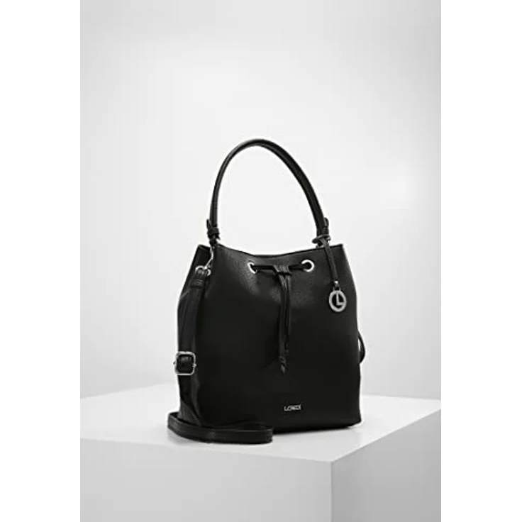 L.Credi Ebony Beuteltasche, Handtasche aus genarbtem Kunstleder mit Zugband-Reißverschluss, Schwarz, 28 cm – Bild 6