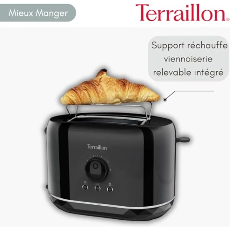 TERRAILLON Schwarzer Diamant Toaster, 2 Schlitze 13 cm, 6 Leistungsstufen (870 W), Aufwärm- und Auftaufunktion, Schwarz – Bild 5